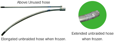 Above:Unused hose Elongated unbraided hose when frozen. Extended unbraided hosewhen frozen.